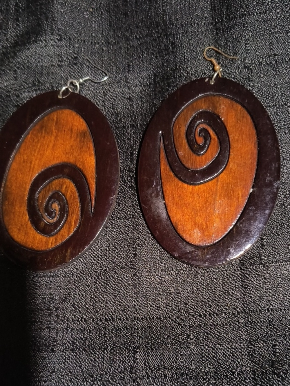 Hand Crafted Dark Brown and Medium Brown Spiral Wooden Drop Earrings